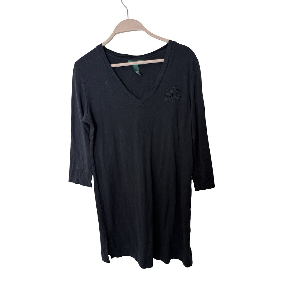 Lauren Ralph Lauren womens sz M black v-neck crest sleep shirt cotton night pjs